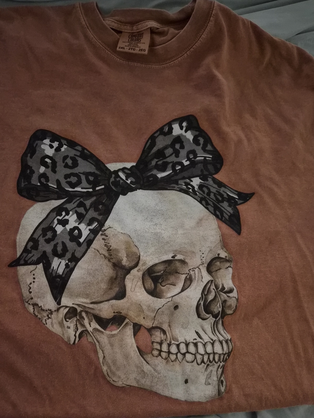 Graphic Skull Tee with Leopard Bow - Rust Brown